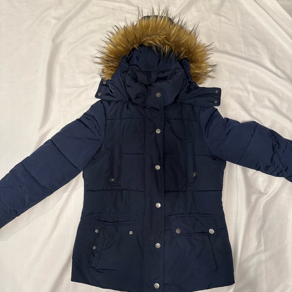 Tommy Hilfiger Navy Puffer Jacket with Faux Fur Hood